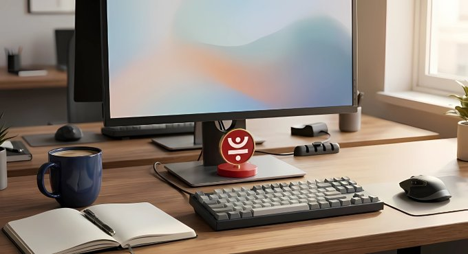 A tidy home office workspace features a monitor displaying a soft gradient screen, alongside a keyboard, mouse, notebook, and coffee mug, with a small red 3D-printed character figurine placed prominently on the desk. The image visually complements the post's discussion of WebX 2026 in Tokyo, suggesting a developer or enthusiast's personal workspace where they engage with the decentralized technology and Web3 advancements being highlighted at the summit.