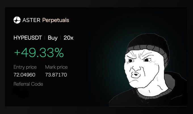 A trading screenshot showing a HYPEUSDT perpetual long position on ASTER with 20x leverage, up +49.33% from an entry of 72.04960 to a mark price of 73.87170, alongside a "Doomer" wojak meme face—visually celebrating the $11,000 daily profit and bullish sentiment on Hyperliquid.
