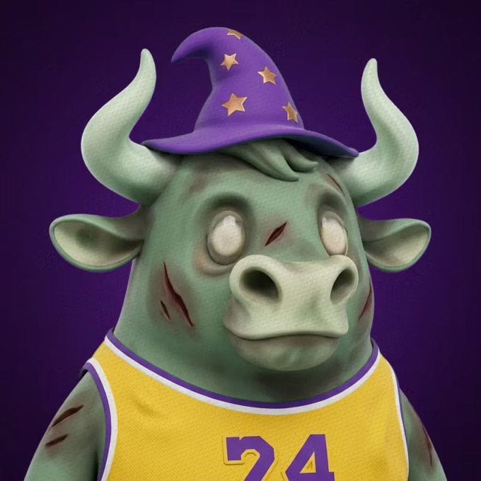 A green zombie bull mascot wearing a purple wizard hat with yellow stars and a yellow Lakers jersey featuring the number "24" is depicted against a dark purple background, referencing the popular NBA Top Shot "zombie" NFTs. The image ties into the post's commentary about NFT potential on Solana, showcasing the kind of collectible character art that drives value in NFT communities.
