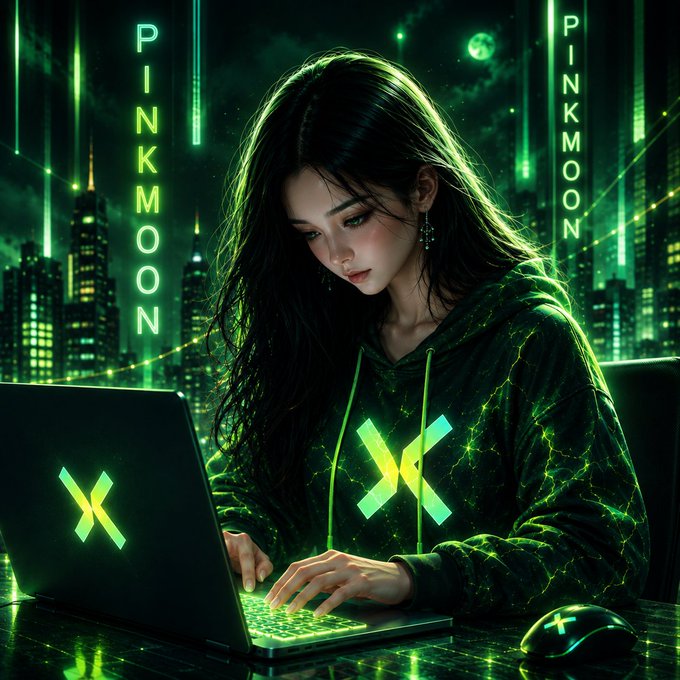 A digital artwork of a young woman with long dark hair wearing a glowing green hoodie with an 'X' logo, typing on a laptop also bearing the 'X' logo, set against a cyberpunk cityscape with vertical 'PINKMOON' signs.