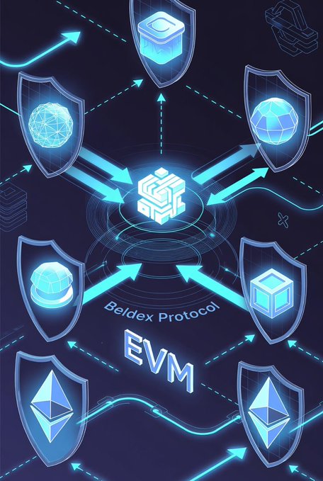 A futuristic digital graphic illustrating the Beldex Protocol EVM, showing multiple shield icons containing crypto-related symbols (blocks, globes, Ethereum logos) connected by arrows to a central node.