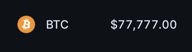 A Bitcoin (BTC) price ticker displays the value at exactly $77,777.00, a rare and lucky number that aligns perfectly with the post's playful question about odds.