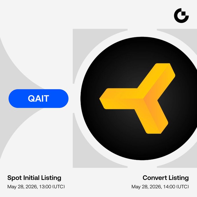 The image presents a square graphic with an oval logo consisting of a yellow triangle, possibly a coin symbol or a yield sign if not quite sure about its meaning. Below this logo is the caption "Spot Initial Listing" followed by details such as "Convert Listing" and the exchange pairs' ticker symbols and market hours (14:00 to 28:00). The entire image appears to be part of an advertisement or promotional material related to trading, possibly for a cryptocurrency like QAIT.