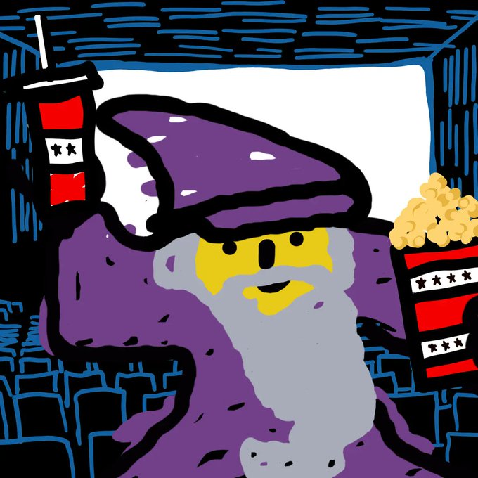 A cartoonish, hand-drawn illustration of a purple wizard or character with a grey beard, a pointed hat, and a yellow face, holding up two large red and white striped cups of popcorn.
