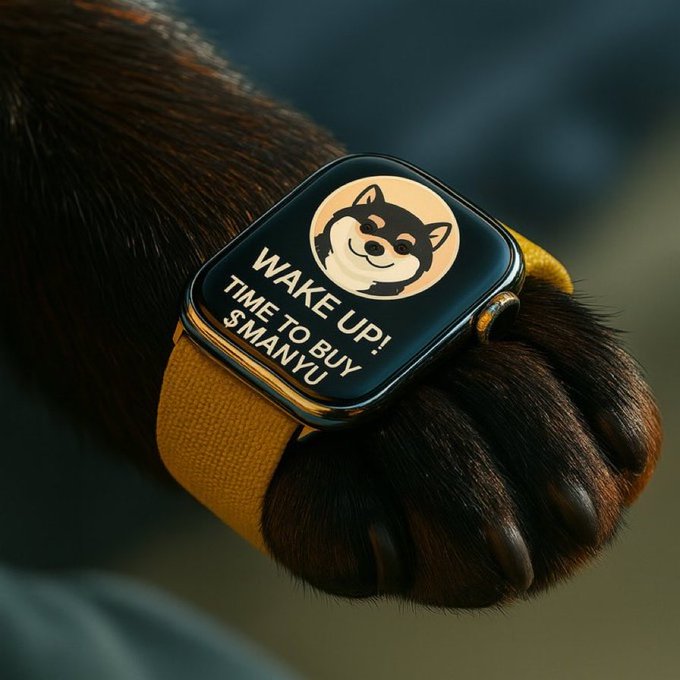An Apple Watch with a yellow band worn on a dog's paw, displaying a Shiba Inu dog face illustration with the text "WAKE UP! TIME TO BUY $MANYU".
