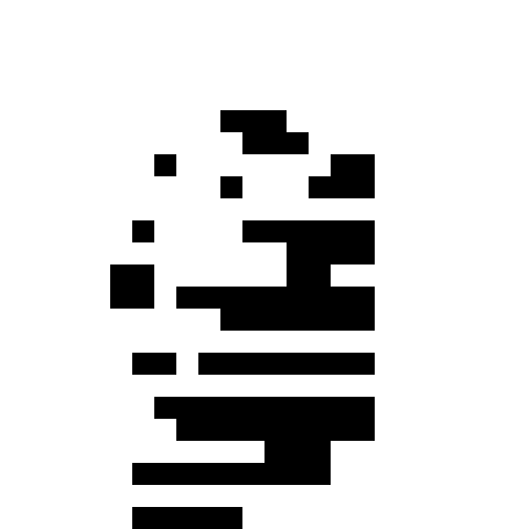 A black and white pixelated QR code-like pattern on a white background.