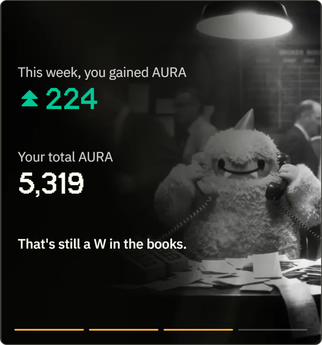 A stylized graphic shows a fluffy monster on an old-fashioned telephone, with text reading 'This week, you gained AURA +224, Your total AURA 5,319. That's still a W in the books.'