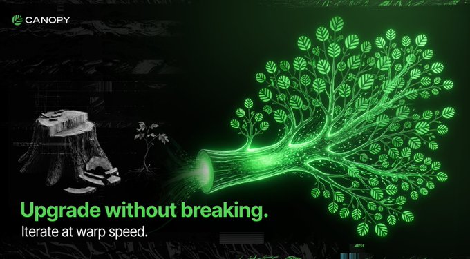 A dark themed marketing image for 'CANOPY' showing a glowing green digital tree emerging from a tree stump, with tagline 'Upgrade without breaking. Iterate at warp speed.'