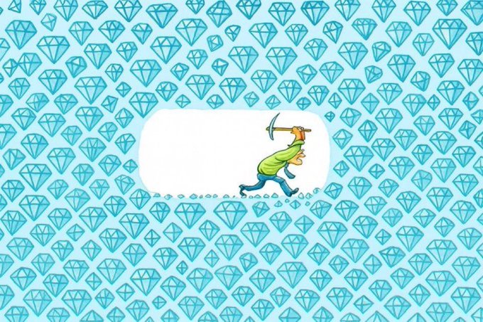 An illustration of a man in a green shirt swinging a pickaxe to break through a wall, surrounded by a light blue background patterned with diamond shapes.
