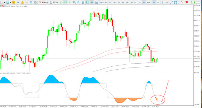 A BTC/USD weekly candlestick chart on MetaTrader displays Bitcoin's price action from February 2024 to mid-June 2025, showing a peak near $108,000 followed by a decline to around $104,000-$106,000, with the MACD indicator below highlighting a potential bullish crossover circled in red where the histogram transitions from negative to positive territory.