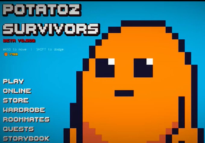 The image features a cartoon potato character with an orange face, standing against a blue background. The text "Potatoz Survivors" is displayed above the character's head, indicating that this is a game or video related to the title of the post. The character appears to be in motion and has a serious expression on its face, suggesting that it might be facing challenges within the game.