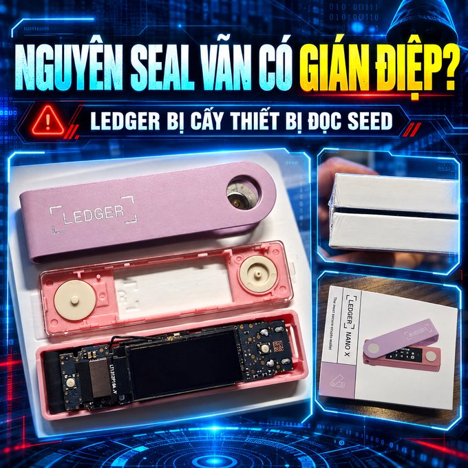 A Vietnamese-language tech thumbnail titled 'NGUYÊN SEAL VẪN CÓ GIÁN ĐIỆP? LEDGER BỊ CẮY THIẾT BỊ ĐỌC SEED' showing a disassembled pink Ledger Nano X hardware wallet and its packaging.