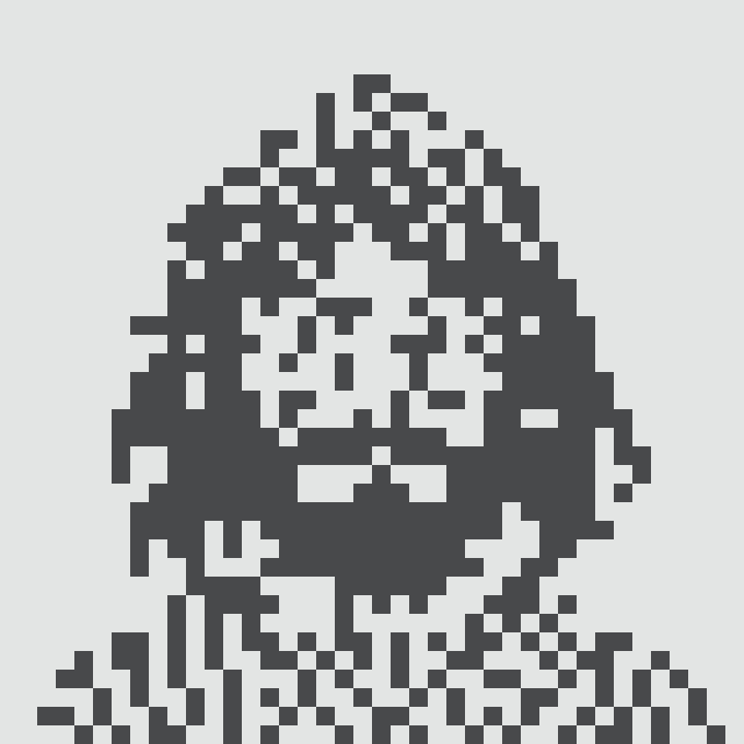A highly pixelated, black-and-white image renders a face made of large square blocks.
