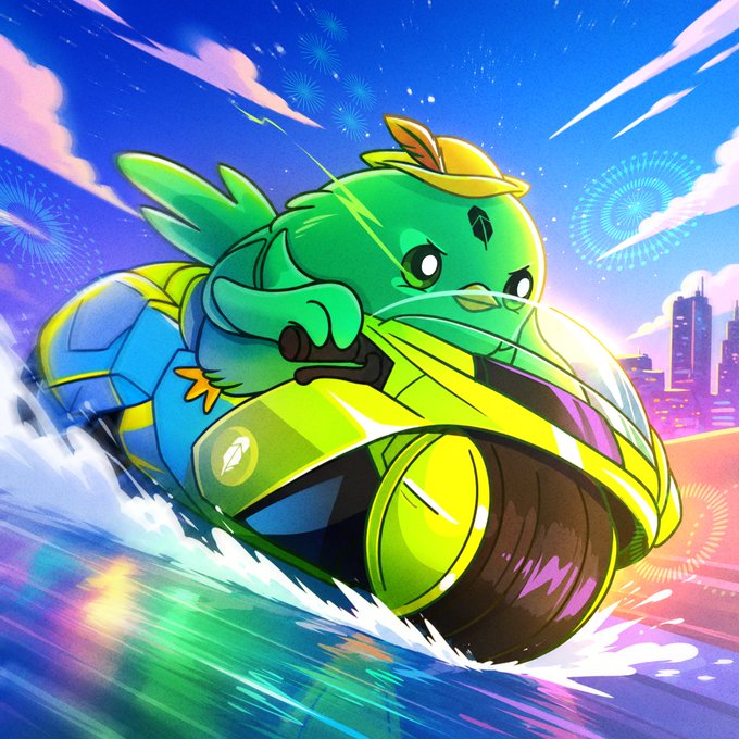 A bright, cartoon-style illustration depicts a green bird-like character wearing a yellow cap, riding a futuristic green and yellow watercraft across blue water, with a city skyline and fireworks in the background.