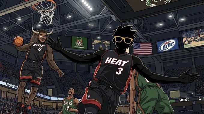 An animated illustration depicts basketball players from the Miami Heat, including one wearing a bison head and another in a dark mask with sunglasses, competing in an arena with a Miller Lite ad visible.