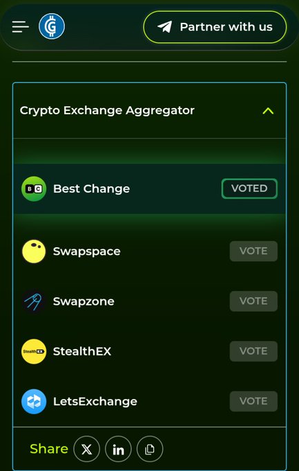 A mobile app interface showing a 'Crypto Exchange Aggregator' voting section with options including 'Best Change' (marked VOTED), 'Swapspace', 'Swapzone', 'StealthEX', and 'LetsExchange', with a 'Partner with us' button at the top.