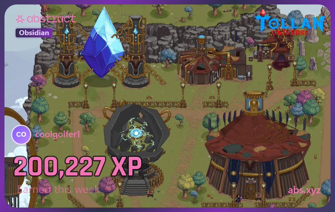 Screenshot of the Abstract blockchain game 'Tollan World' showing a player earned 200,227 XP this week, with 'coolgolfer1' and 'abs.xyz' visible, featuring a large crystal and fantasy village buildings.