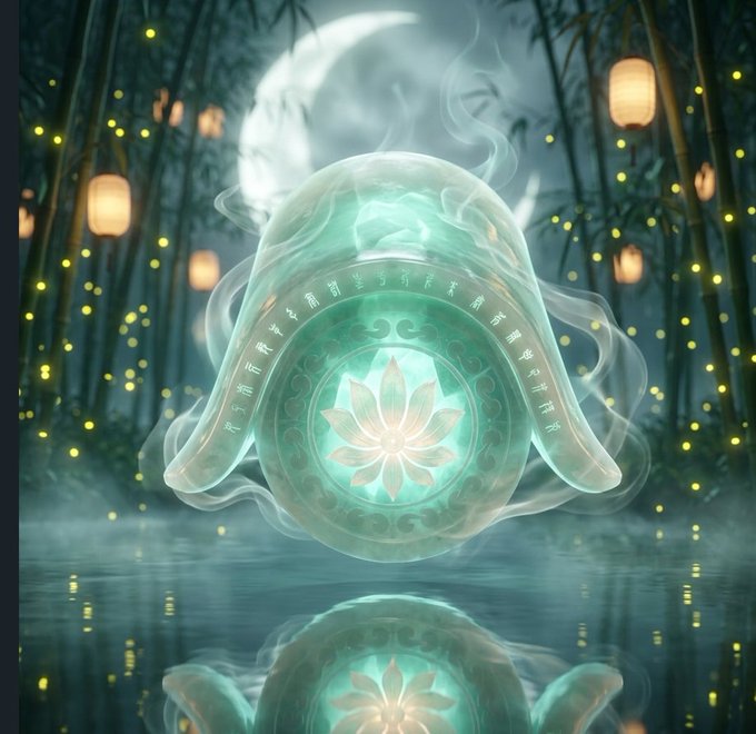 A mystical scene featuring a glowing teal amulet with a lotus flower design floating above water, surrounded by smoke, fireflies, and a crescent moon.