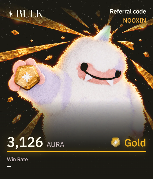 A digital achievement screen showing a fluffy white monster character with a horn holding a gold coin, displaying "BULK", "Referral code NOOXIN", "3,126 AURA", and "Gold".