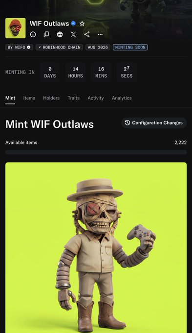 A countdown page for "WIF Outlaws" NFT mint on Robinhood Chain, showing 0 days, 14 hours, 16 mins, and 27 secs until launch, with 2,222 available items featuring a skeleton cowboy character holding a game controller on a neon green background.