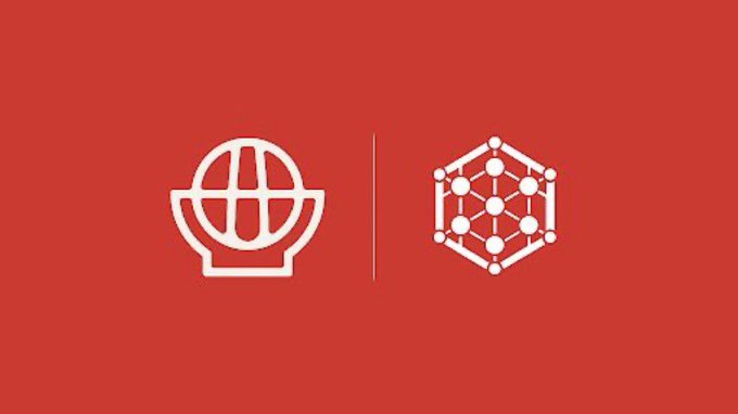 A red graphic displaying two white icons: a bowl of noodles with chopsticks on the left and a hexagonal network/molecule symbol on the right, separated by a vertical line.