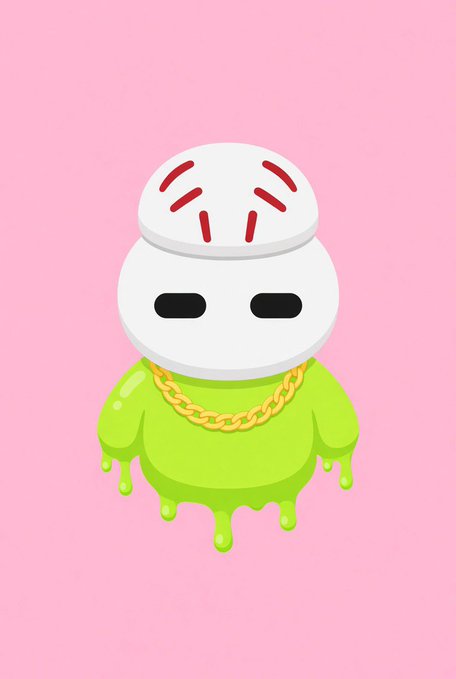 A digital illustration of a cute character with a white bowl-like hat, black dot eyes, a gold chain necklace, and a dripping green slime body, set against a pink background.