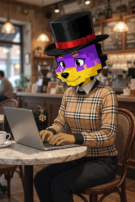 An illustration of an anthropomorphic purple and yellow checkered character wearing a black top hat with a red band and a Burberry-patterned sweater, working on a laptop in a cafe.