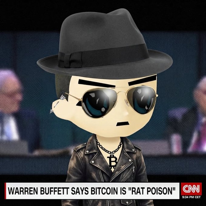 A cartoonish 3D character wearing a fedora, aviator sunglasses, a leather jacket, and a Bitcoin "B" necklace appears over a CNN news screenshot with the headline "WARREN BUFFETT SAYS BITCOIN IS 'RAT POISON'" at 9:34 PM ET. The image ties to the post by using the Bitcoin symbol as a flashy accessory for the "GHoodilio" NFT mascot, visually promoting the upcoming mint on the 13th while nodding to mainstream crypto criticism.

(Note: The post says "13th," which could mean June 13th or another 13th — let me know if you have more context!)