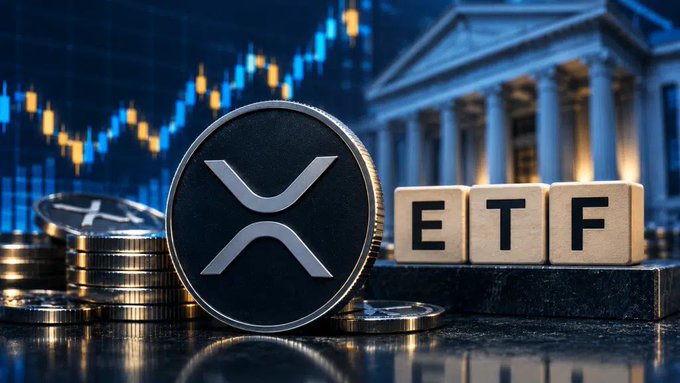 A promotional graphic featuring a large XRP cryptocurrency coin next to wooden blocks spelling 'ETF', with stacks of coins, a rising stock chart, and a classical building in the background.