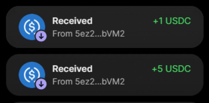 The image shows two USDC transaction notifications on a mobile wallet, displaying "Received" +1 USDC and "Received" +5 USDC from the same sender address (5ez2...bVM2), with download arrows indicating they were just received. This relates to the MoonPay airdrop mentioned in the post, visually confirming the receipt of the airdrop rewards (with the $5 deposit shown and likely additional USDC payments from MoonPay as part of the promotion).