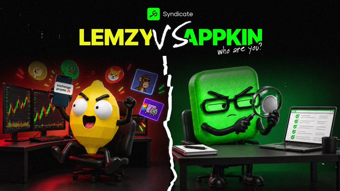 A promotional banner for Syndicate featuring 'LEMZY VS SAPPKIN who are you?' with two cartoon character mascots—one yellow excited character at a trading setup and one green serious character with a magnifying glass at a desk with a checklist.