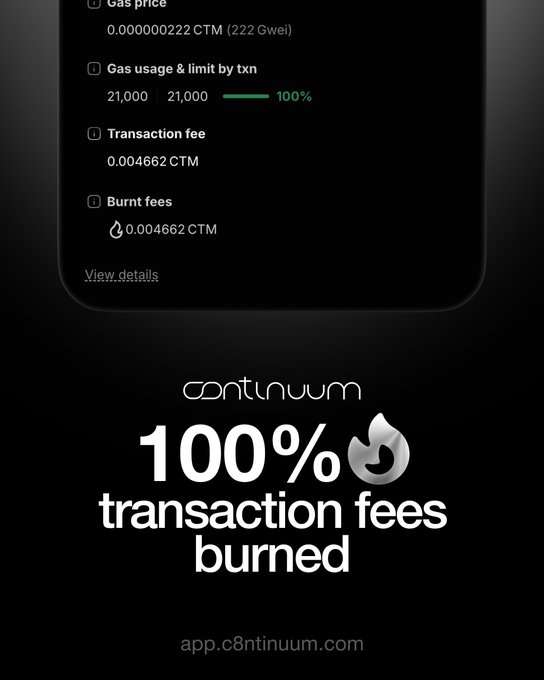 A promotional graphic for the Continuum app showing 100% transaction fees burned, with details including a gas price of 0.000000022 CTM (222 Gwei) and a transaction fee of 0.004662 CTM.