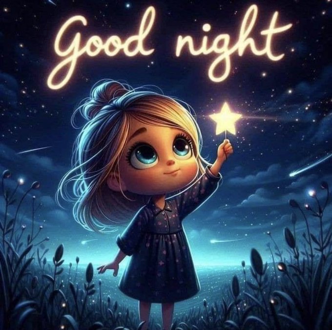 A whimsical illustration of a young girl with blonde hair holding a glowing star wand, with the neon-style text 'Good night' glowing above her against a starry night sky.
