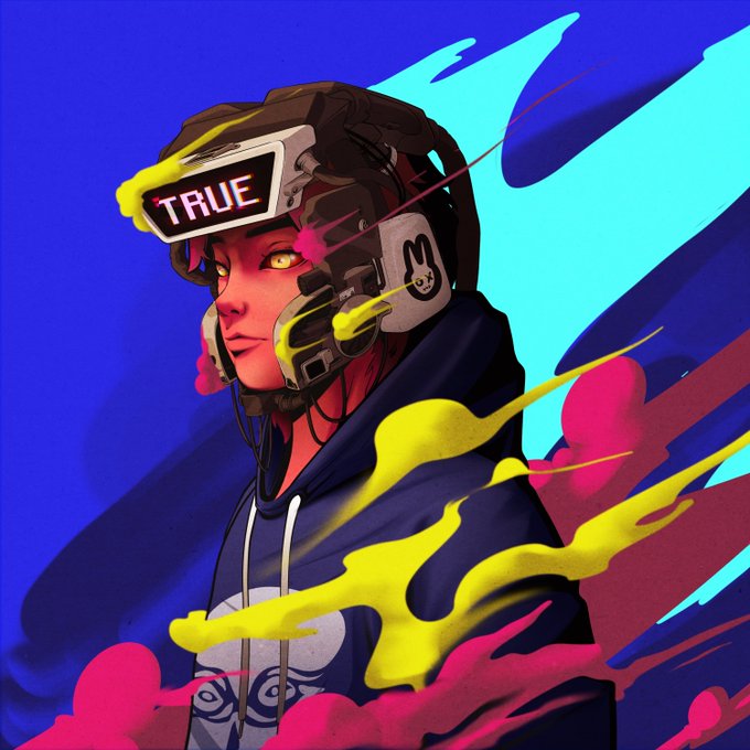 A vibrant digital artwork featuring a person wearing a futuristic headset with a screen displaying the word 'TRUE' in yellow, set against a blue background with colorful neon yellow and pink paint splashes.