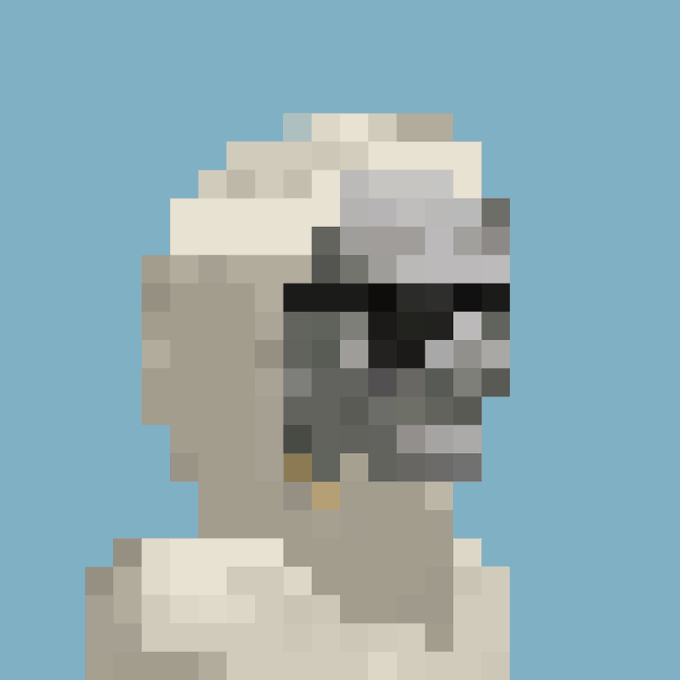Pixel art of a figure in white astronaut suit with dark visor on light blue background.