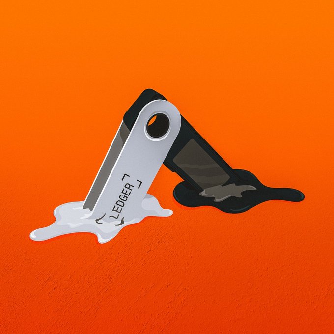 Two hardware wallets—one silver Ledger and one black—are propped up against each other on a vibrant orange surface, melting into puddles of liquid metal like melting ice cubes. The word "LEDGER" is visible on the silver device, reinforcing the post's lament about losing the seed phrase for a similarly designed wallet.