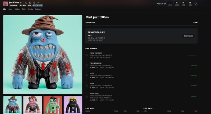 A screenshot of the "Mint just t00ns" NFT collection page showing a blue zombie-like character in a pinstripe suit and fedora, priced at 0.090 ETH, with mint schedule details for TEAM TREASURY, OG, GTD, FCFS, and Public Stage phases. The image supports the post by confirming the artist's mint eligibility information for the Just t00ns collection during its various phases.