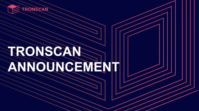A TRONSCAN announcement banner featuring the TRONSCAN logo in the top-left corner with the bold white text "TRONSCAN ANNOUNCEMENT" set against a dark purple background with pink/red geometric line designs, promoting the block explorer's update on the future direction of its wallet management features and inviting community feedback.