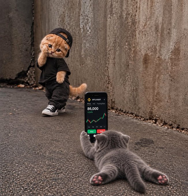 An orange cat dressed in streetwear walks along a gritty alleyway, approaching a gray cat lying on its back who is holding up a smartphone displaying a BTC/USDT trading chart at 86,000 with a +2.4% gain. The whimsical scene plays on the "photographer" framing by having the gray cat literally capturing the moment, while the anthropomorphized subjects interact with real financial data in a surreal, meme-style composition.