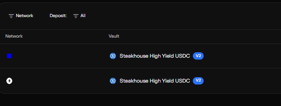 A dark interface lists two vault deposits of "Steakhouse High Yield USDC V2" across different networks.