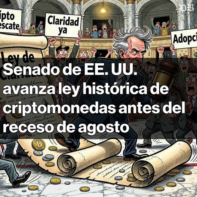 A cartoon illustration showing a government/official figure with a gavel in a legislative setting, with Spanish text overlay reading 'Senado de EE. UU. avanza ley histórica de criptomonedas antes del receso de agosto' (US Senate advances historic cryptocurrency law before August recess).