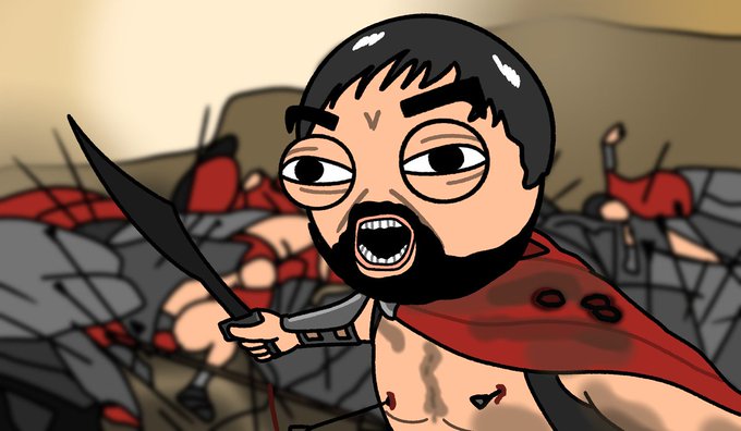 A cartoon Spartan warrior with a beard and red cape wields a blade amid fallen bodies, evoking a battle-hardened survivor. The image reinforces the "NFTs are for survivors, ETH wallets only" message by portraying the crypto space as a ruthless battlefield where only the resilient remain.