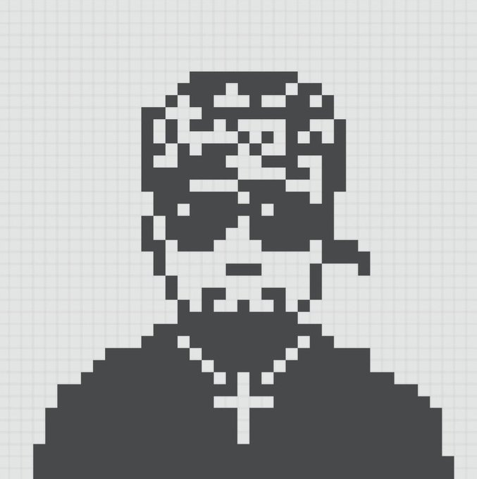 A minimalist black and white pixel art portrait of a person on graph paper, rendered in a low-resolution blocky style.