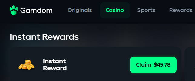 The image shows the Gamdom casino website's "Instant Rewards" section, featuring a coin stack icon next to a green "Claim $45.78" button. This aligns with the post's announcement of a $45 giveaway, as the visible reward amount matches the giveaway prize being offered to active participants.