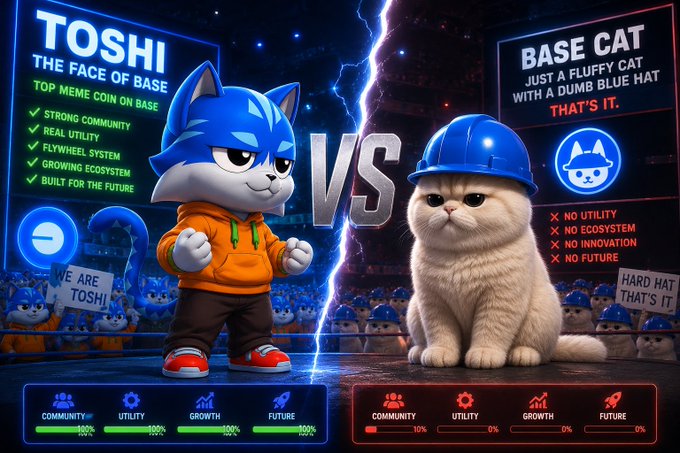 A meme-style versus battle image pitting 'TOSHI THE FACE OF BASE' (a blue cat character) against 'BASE CAT' (a cat with a blue hard hat), complete with stat bars and Lightning McQueen-style commentary.