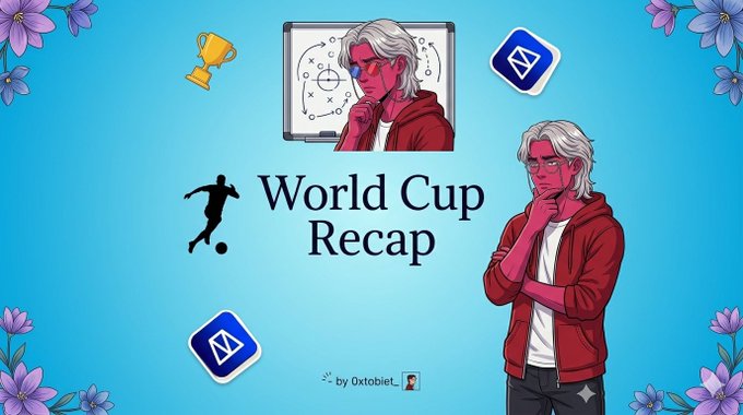 The image shows an advertisement with a cartoon man playing soccer on the left side, while a real-life photo of a man posing next to his trophy is shown on the right side. The background features blue text reading "World Cup recap" surrounded by white flowers and a gold trophy.