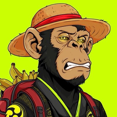 A cartoon illustration of an angry-looking chimpanzee wearing a straw hat and a black shirt with green accents, carrying bananas on its back.