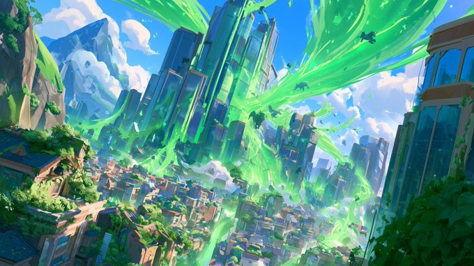 A fantastical cityscape features towering skyscrapers swirled with glowing green energy tendrils weaving through the skyline. The ethereal, magical atmosphere visually echoes the celebratory tone of the post marking a "Massive milestone for NFT IP and SK."