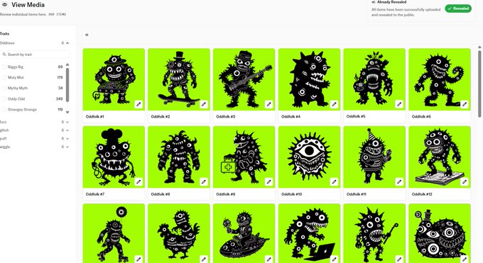 A screenshot of a "View Media" interface displays a gallery of 18 black monster illustrations, each labeled "Oddduck" with numbers (#1 through #18), set against bright green backgrounds. The left sidebar shows search and filter options including "Search by text" with categories like "Puppy Pig," "Minty Mint," "Oddly Odd," and "Strangey Strange."