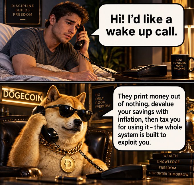 A meme showing a man on the phone saying 'Hi! I'd like a wake up call,' followed by a Dogecoin Shiba Inu wearing sunglasses responding with a monologue about how 'They print money out of nothing, devalue your savings with inflation, then tax you for using it - the whole system is built to exploit you.'